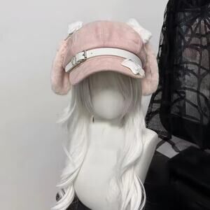 Harajuku Kawaii Pink Bunny Puppy Ear Hat w/ White Buckle Strap & Plush Accents